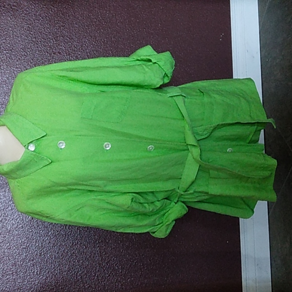 Vintage 90's Neon Linen Rayon Lightweight Button Puff Sleeve Belted Shirt Jacket